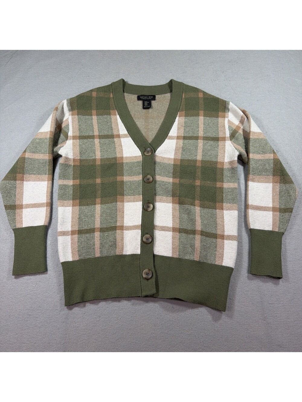 Rachel Zoe Olive Green Plaid V-Neck Button Front Cardigan Sweater Size XS 0213
